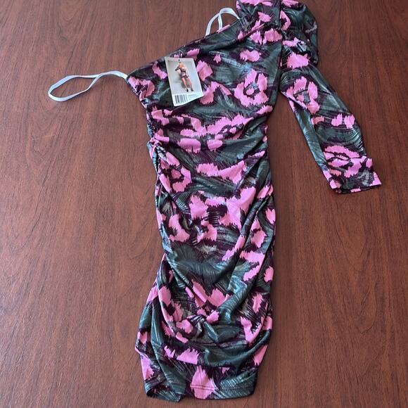 Forplay Bodycon One Sleeve Dress Pink Green Small - Picture 7 of 12